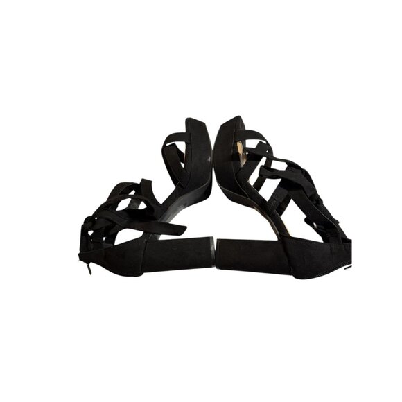 Black Suede Ankle Tie Strappy Block Heel Sandals Back Zipper Closure Size 8WW - Picture 6 of 9